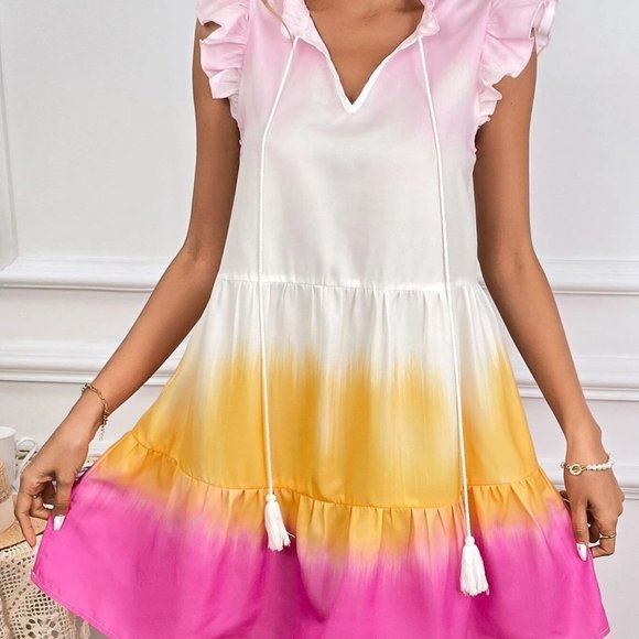 MODA ME COUTURE Dresses & Skirts - Tie Dye Frill Tie Neck Ruffle Hem Smock Dress